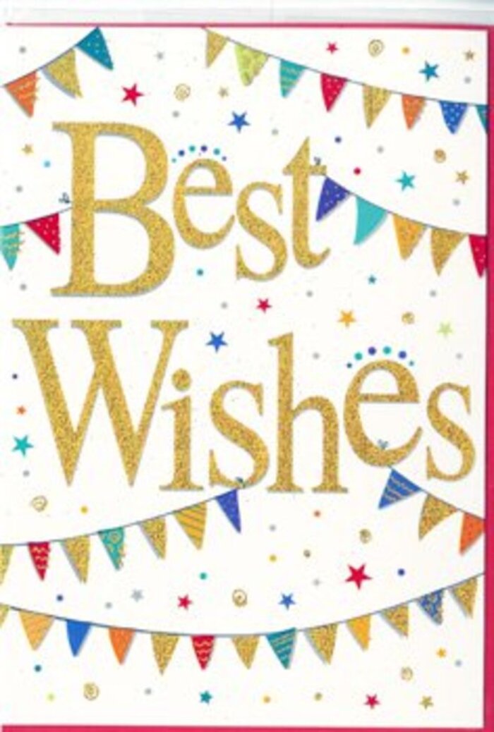 This photograph features a lively Best Wishes greeting card, designed with the same sense of occasion you might associate with a friendly gathering just off West Green Road. Dominating the middle of the card, the phrase Best Wishes is rendered in generous, looping gold script that looks carefully hand-lettered. The ink has a metallic, slightly glittered quality, giving each stroke a raised, tactile texture that would feel smooth yet finely grained under the fingers. The gold tone is warm rather than brash, complementing rather than overpowering the rest of the design. Arcing gracefully above and below the words are strands of celebratory bunting, as if lightly draped across an invisible line. The individual pennants are sharply defined triangles in vivid tones-bright turquoise, tomato red, lemon yellow, royal purple, and lush green-each one subtly unique. Some carry dainty dots, some are filled with cheery stripes, and others hint at mosaic-like patterns, creating a sense of craftsmanship and variety. Dotted between and around these bunting garlands are clusters of small stars and confetti spots, in shades of metallic gold, soft teal, and blush pink. They give the illusion of confetti suspended mid-air, caught in a freeze-frame of celebration. The card's background is a clean, matte white, ensuring that the colours and gold lettering stand out with clarity, much like fresh flowers displayed against neutral wrapping paper in a West Green florist's studio. The mood is bright, optimistic, and inclusive-a card perfectly suited to accompany flowers sent to celebrate new beginnings, exam results, or any joyful milestone across the local area.